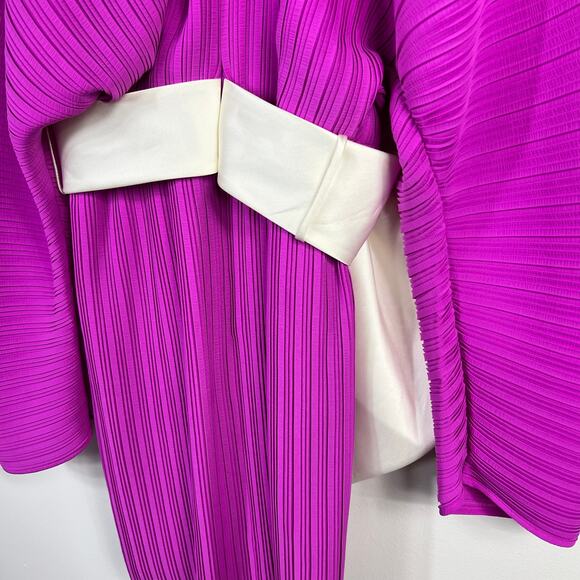 Solace London Tanzy Fuchsia Pleated White Bow Long Sleeve Mini Cocktail Dress - Picture 15 of 16